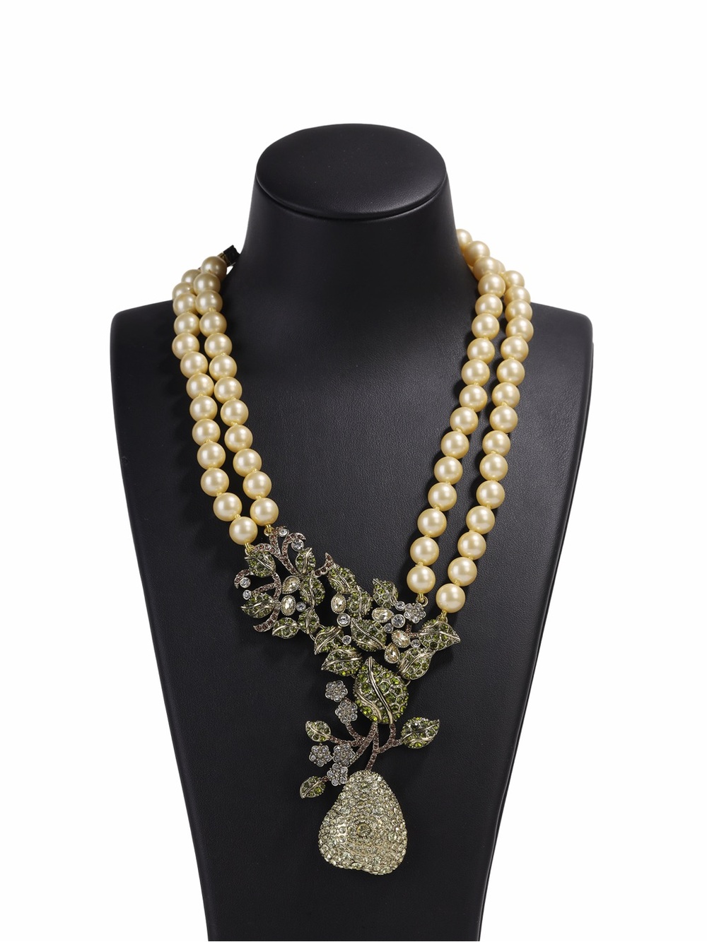 Heidi Daus Pearl Double-Strand Necklace with Green Crystal Floral Pendant